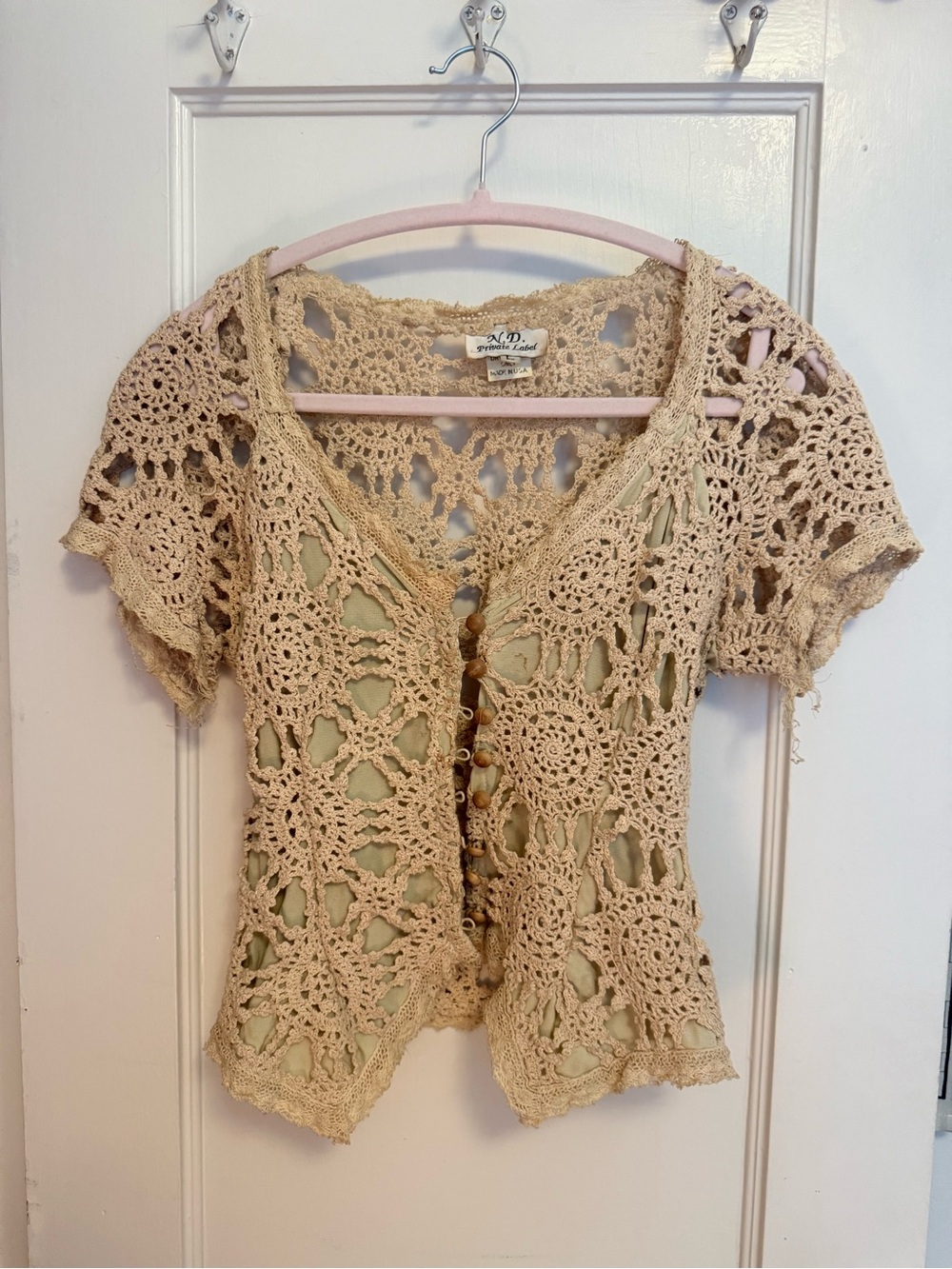 Private Label Cream Crochet Button-Front Short Sleeve Top